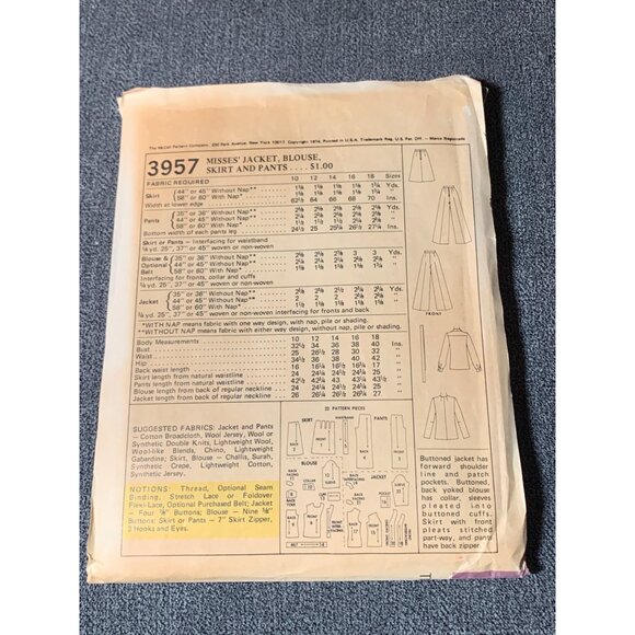 McCalls 3957 Misses Jacket Blouse Skirt Pant Pattern Size 14 uncut - Picture 2 of 2